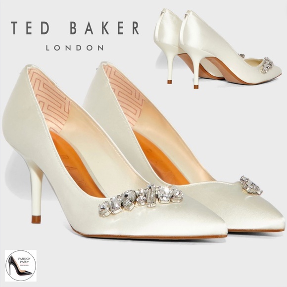 Ted Baker Sparkal Crystal Embellished White Satin Pump Pointed Toe Dress Shoes 7